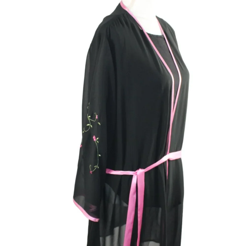 Oscar de la Renta Pink Label Black Sheer Pink Floral Accent Kimono Robe